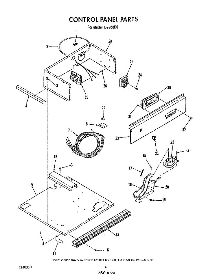 CONTROL PANEL Diagram and Parts List for B9908B0  Roper Wall Oven