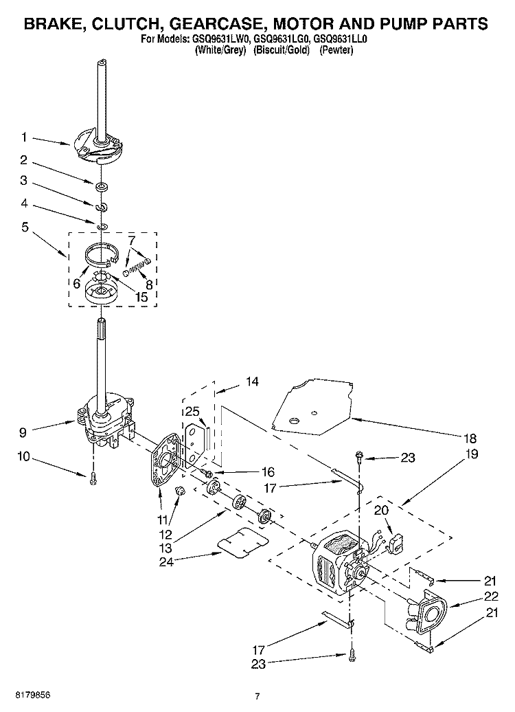 BRAKE, CLUTCH, GEARCASE, MOTOR AND PUMP Diagram and Parts List for GSQ9631LL0  Whirlpool Washer