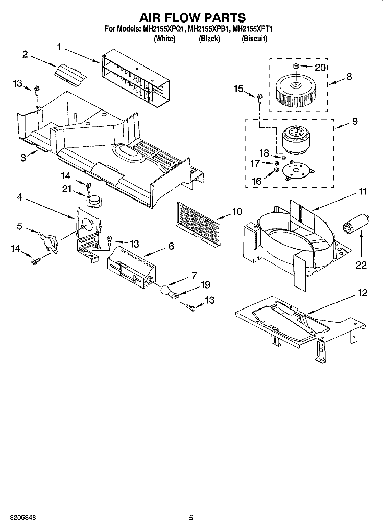 AIR FLOW PARTS Diagram and Parts List for MH2155XPT1  Whirlpool Microwave