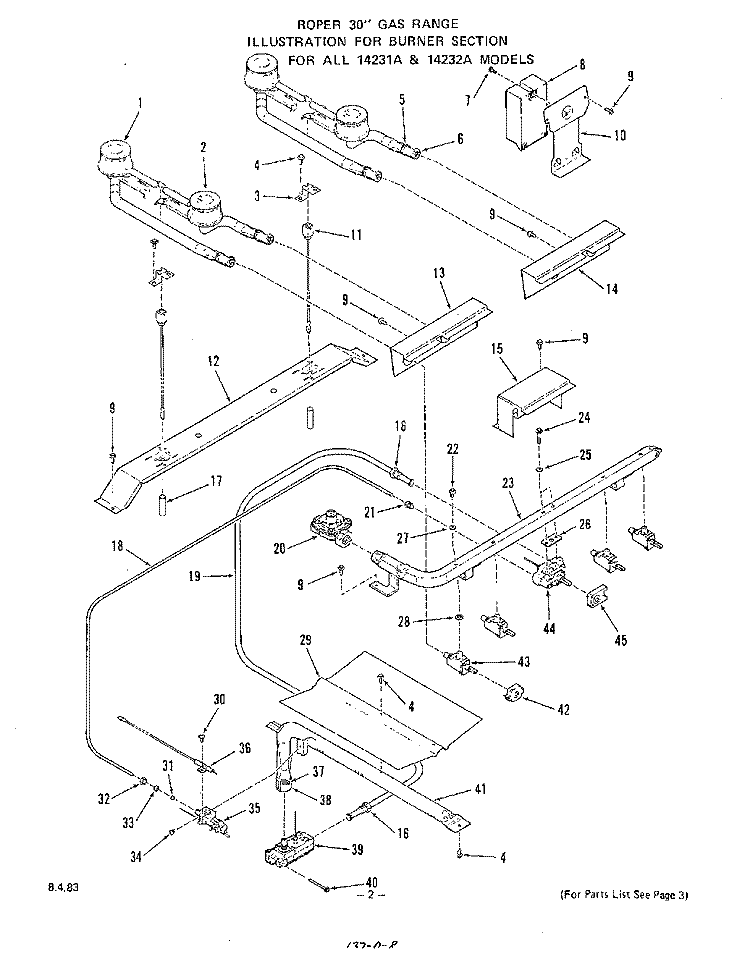 BURNER Diagram and Parts List for 1423^2A  Whirlpool Range