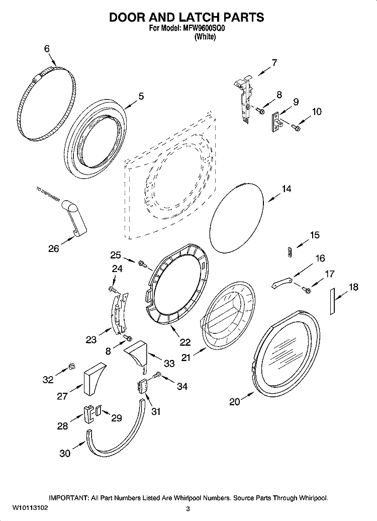 DOOR AND LATCH PARTS Diagram and Parts List for MFW9600SQ0  Whirlpool Washer
