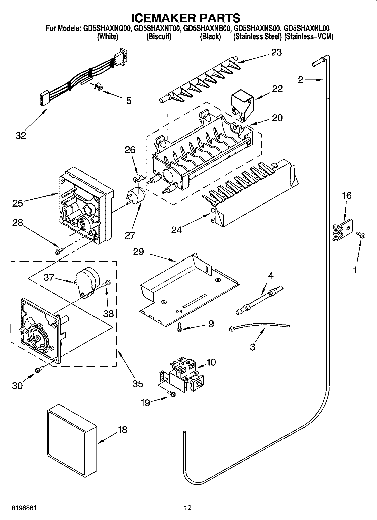 ICEMAKER PARTS Diagram and Parts List for GD5SHAXNS00  Whirlpool Refrigerator