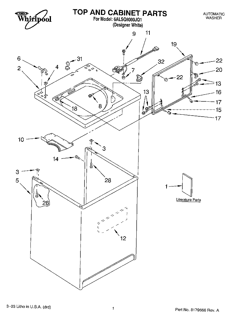 TOP AND CABINET PARTS Diagram and Parts List for 6ALSQ8000JQ1  Whirlpool Washer