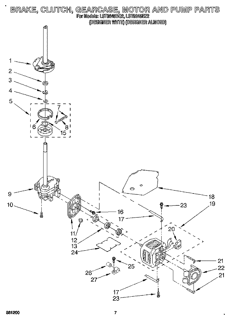 BRAKE, CLUTCH, GEARCASE, MOTOR & PUMP Diagram and Parts List for LST9245BZ2  Whirlpool Washer