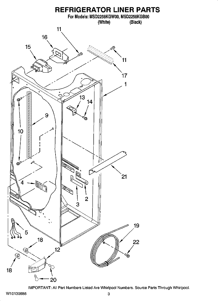 REFRIGERATOR LINER PARTS Diagram and Parts List for MSD2258KGW00  Whirlpool Refrigerator