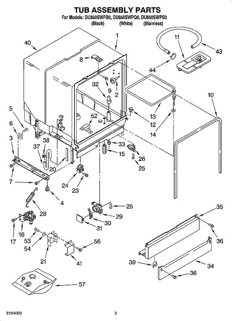 TUB ASSEMBLY PARTS Diagram and Parts List for DU850SWPB0  Whirlpool Dishwasher