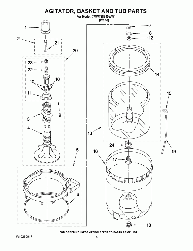 AGITATOR, BASKET AND TUB PARTS Diagram and Parts List for 7MWT98840WW1  Whirlpool Washer