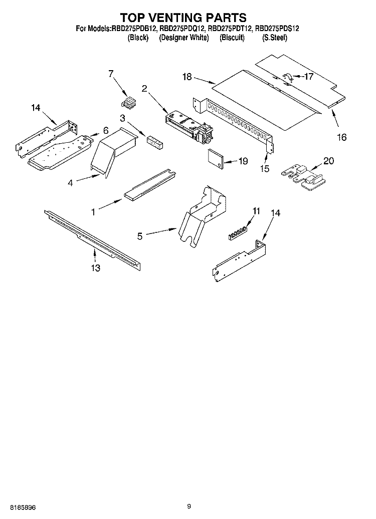 TOP VENTING Diagram and Parts List for RBD275PDQ12  Whirlpool Wall Oven