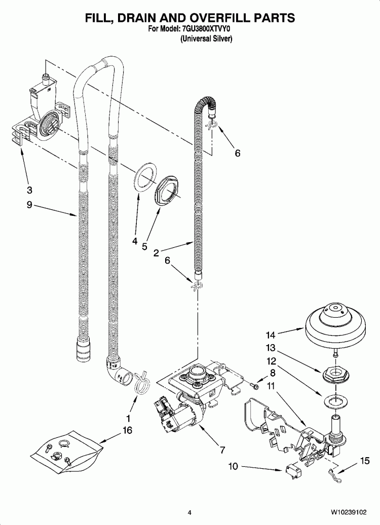 FILL, DRAIN AND OVERFILL PARTS Diagram and Parts List for 7GU3800XTVY0  Whirlpool Dishwasher