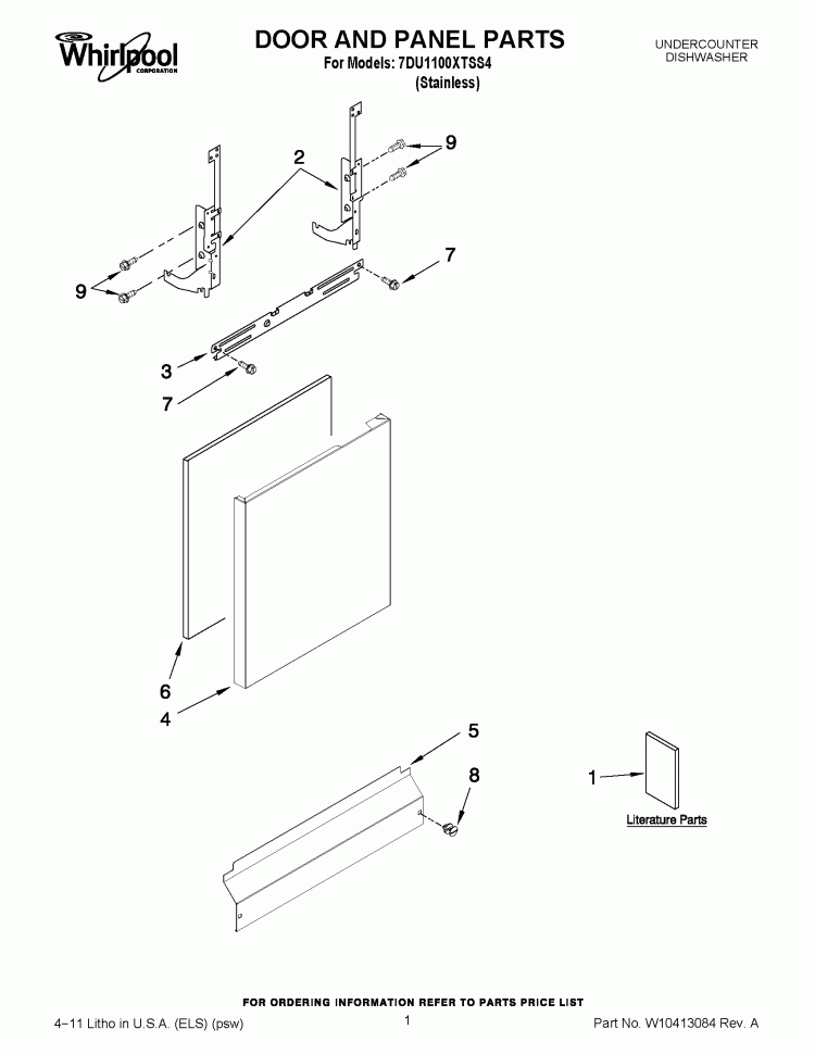 DOOR AND PANEL PARTS Diagram and Parts List for 7DU1100XTSS4  Whirlpool Dishwasher