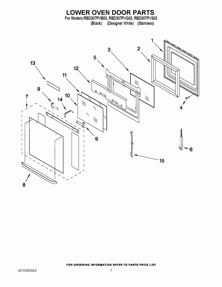 LOWER OVEN DOOR PARTS Diagram and Parts List for RBD307PVB03  Whirlpool Wall Oven