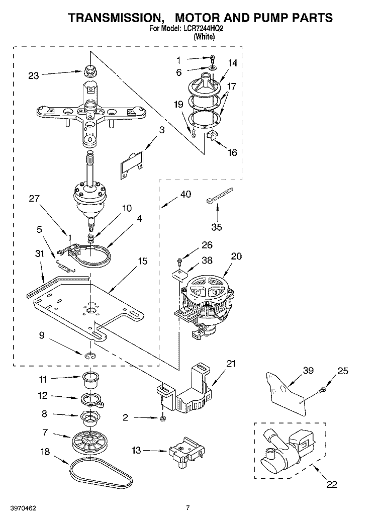 TRANSMISSION, MOTOR AND PUMP PARTS Diagram and Parts List for LCR7244HQ2  Whirlpool Washer