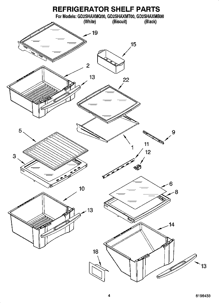 REFRIGERATOR SHELF PARTS Diagram and Parts List for GD2SHAXMQ00  Whirlpool Refrigerator