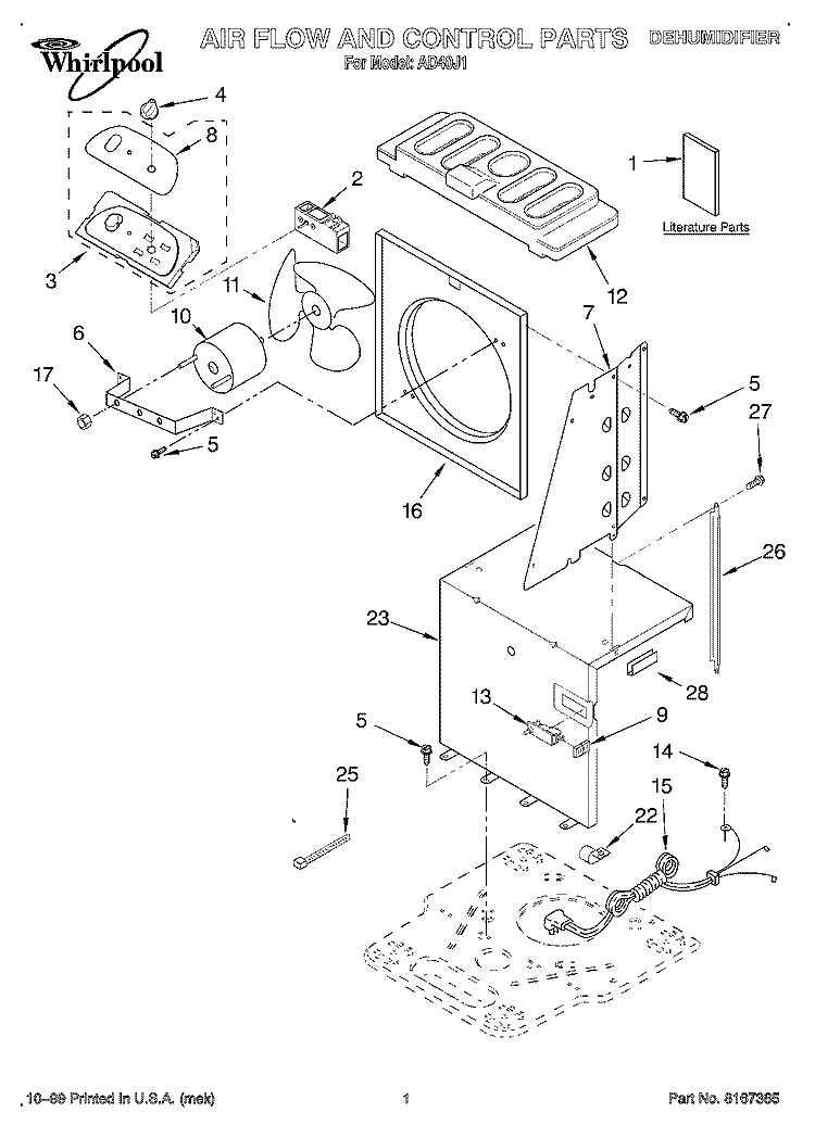 SECTION Diagram and Parts List for AD40J1  Whirlpool Dehumidifier