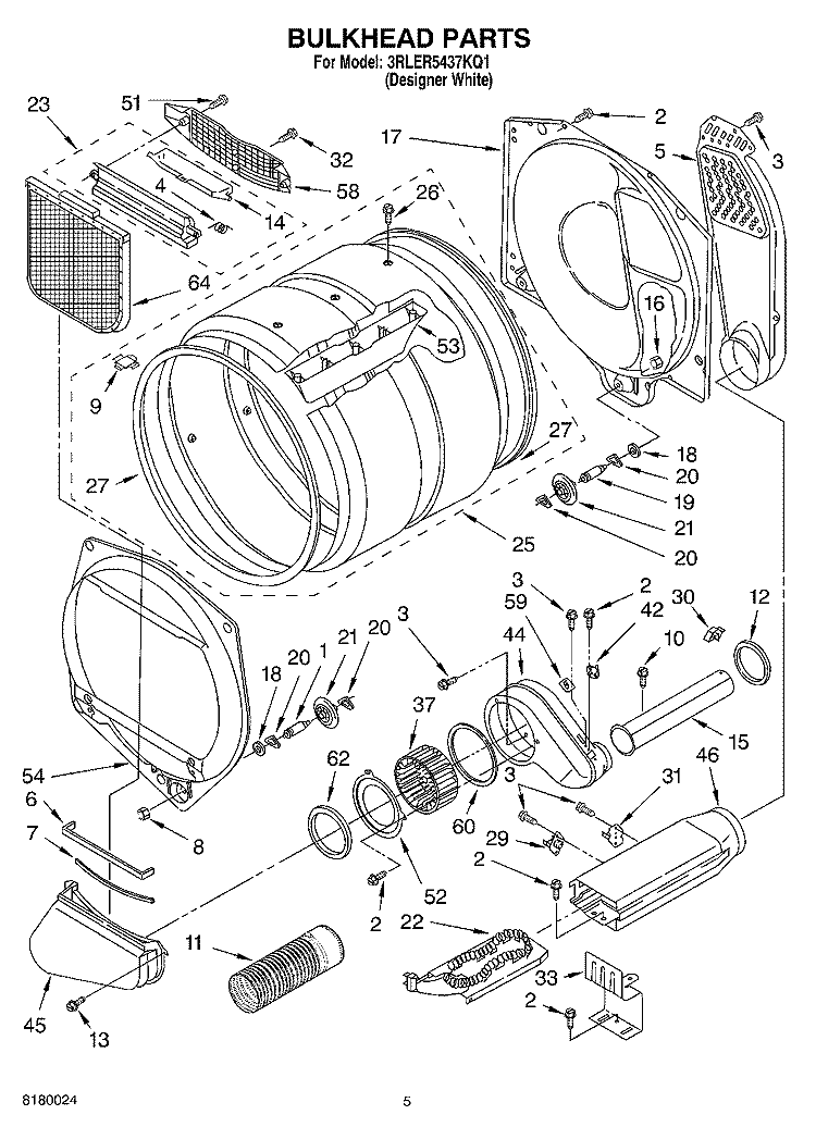 BULKHEAD PARTS Diagram and Parts List for 3RLER5437KQ1  Whirlpool Dryer