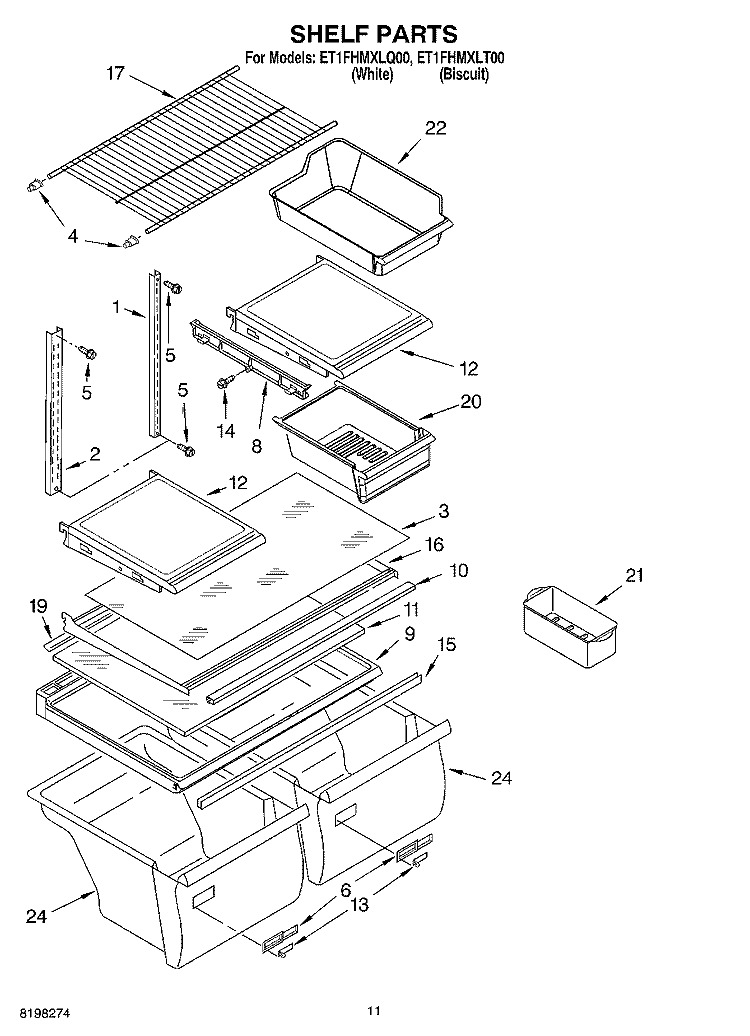 SHELF, OPTIONAL Diagram and Parts List for ET1FHMXLT00  Whirlpool Refrigerator