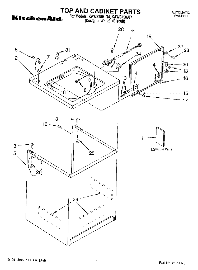 TOP AND CABINET, LITERATURE Diagram and Parts List for KAWS750JQ4  KitchenAid Washer