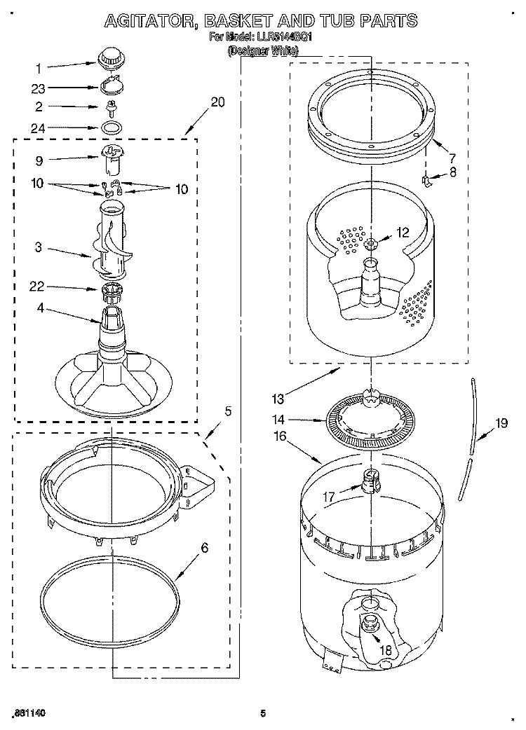 AGITATOR, BASKET AND TUB Diagram and Parts List for LLR5144BQ1  Whirlpool Washer