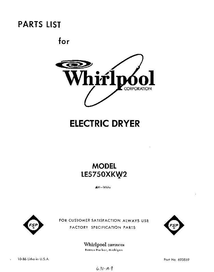 SECTION Diagram and Parts List for LE5750XKW2  Whirlpool Dryer