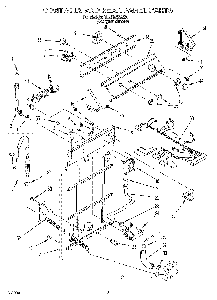CONTROLS AND REAR PANEL Diagram and Parts List for 7LSR5233EZ0  Whirlpool Washer
