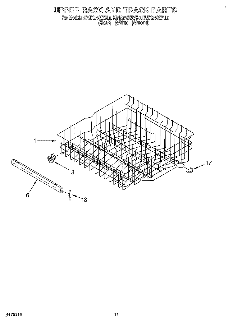 UPPER RACK AND TRACK Diagram and Parts List for KUDI24SEBL0  KitchenAid Dishwasher