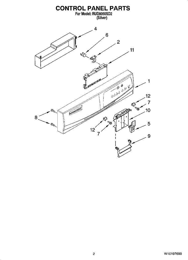 CONTROL PANEL PARTS Diagram and Parts List for RUD8050SD2  Roper Dishwasher