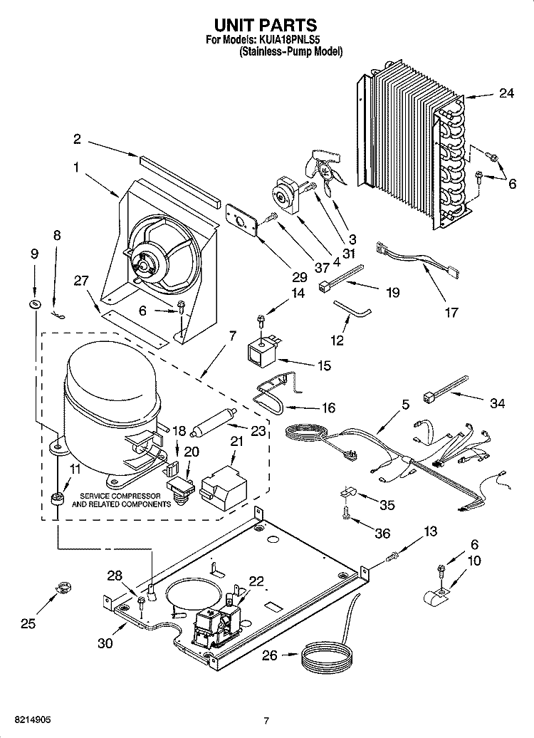 UNIT PARTS, OPTIONAL PARTS (NOT INCLUDED) Diagram and Parts List for KUIA18PNLS5  KitchenAid Ice Maker