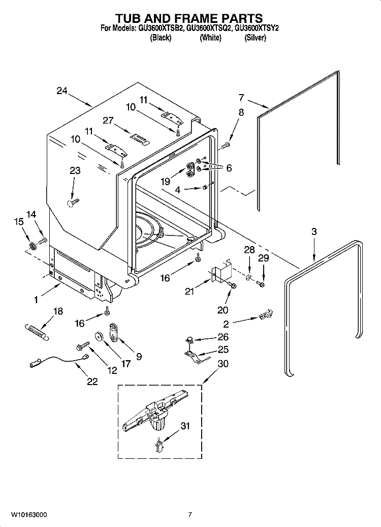 TUB AND FRAME PARTS Diagram and Parts List for GU3600XTSY2  Whirlpool Dishwasher