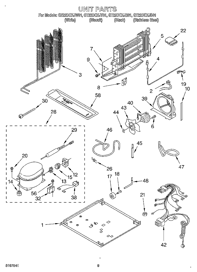 UNIT Diagram and Parts List for GT22DCXJW01  Whirlpool Refrigerator