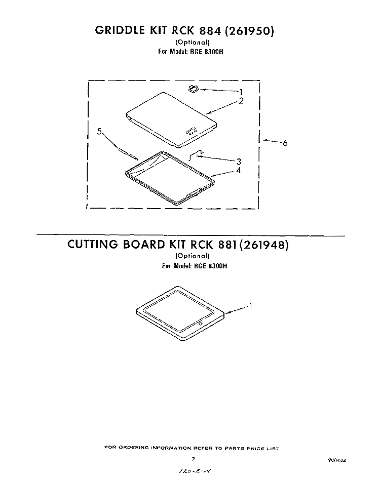 GRIDDLE RCK884(261950), CUTTING BOARD Diagram and Parts List for RGE8300H  Whirlpool Range