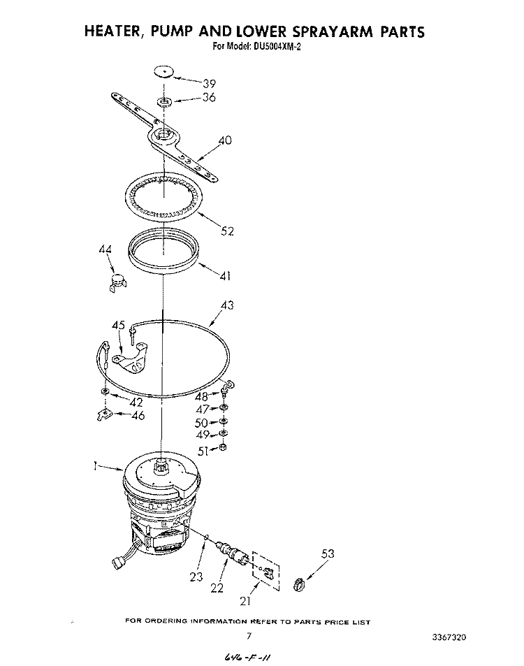 HEATER, PUMP AND LOWER SPRAYARM Diagram and Parts List for DU5004XM2  Whirlpool Dishwasher
