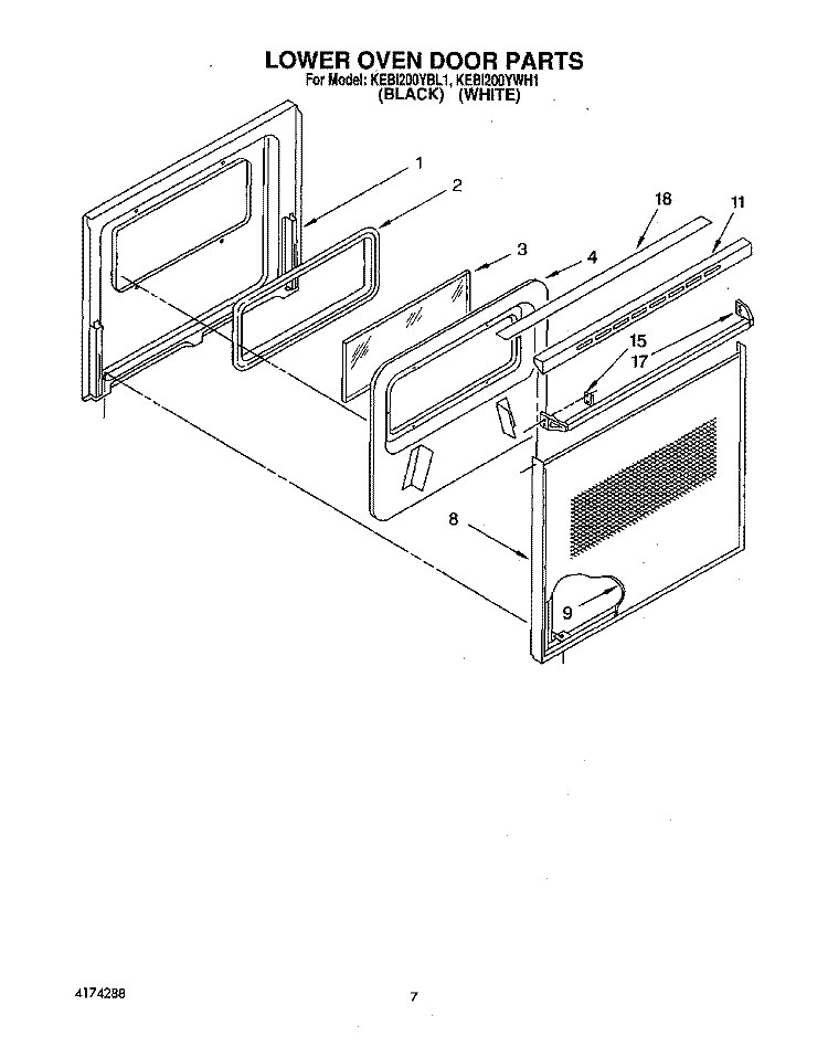 LOWER OVEN DOOR Diagram and Parts List for KEBI200YBL1  KitchenAid Wall Oven