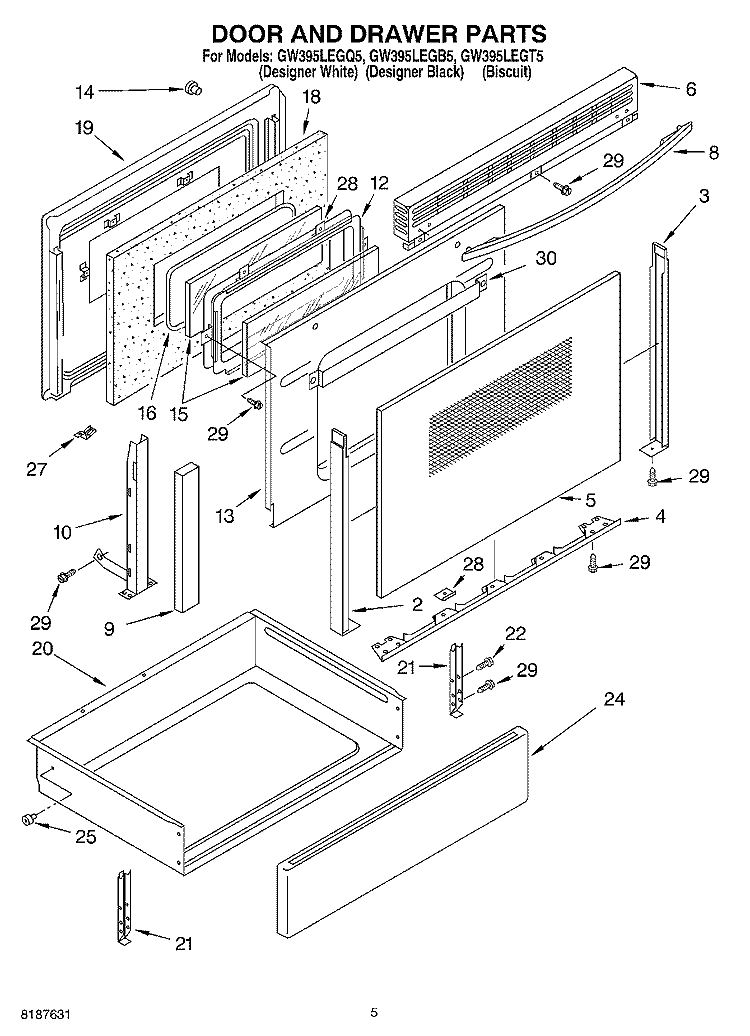 DOOR AND DRAWER Diagram and Parts List for GW395LEGQ5  Whirlpool Range