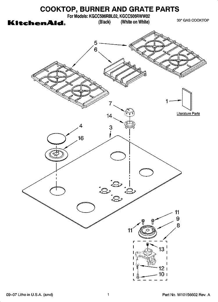 COOKTOP, BURNER AND GRATE PARTS Diagram and Parts List for KGCC506RBL02  KitchenAid Cooktop