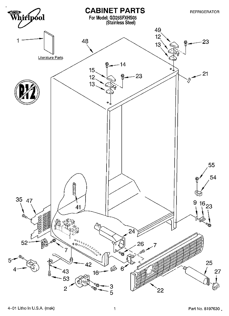 CABINET, LITERATURE Diagram and Parts List for GD25SFXHS05  Whirlpool Refrigerator