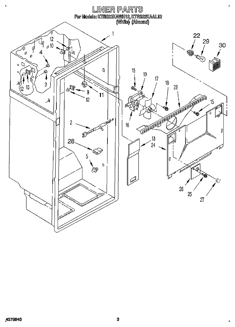 LINER Diagram and Parts List for KTRS22KAAL12  KitchenAid Refrigerator
