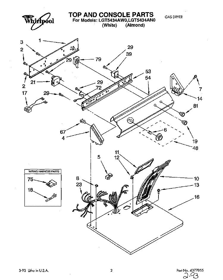 TOP AND CONSOLE, LIT/OPTIONAL Diagram and Parts List for LGT5434AW0  Whirlpool Dryer