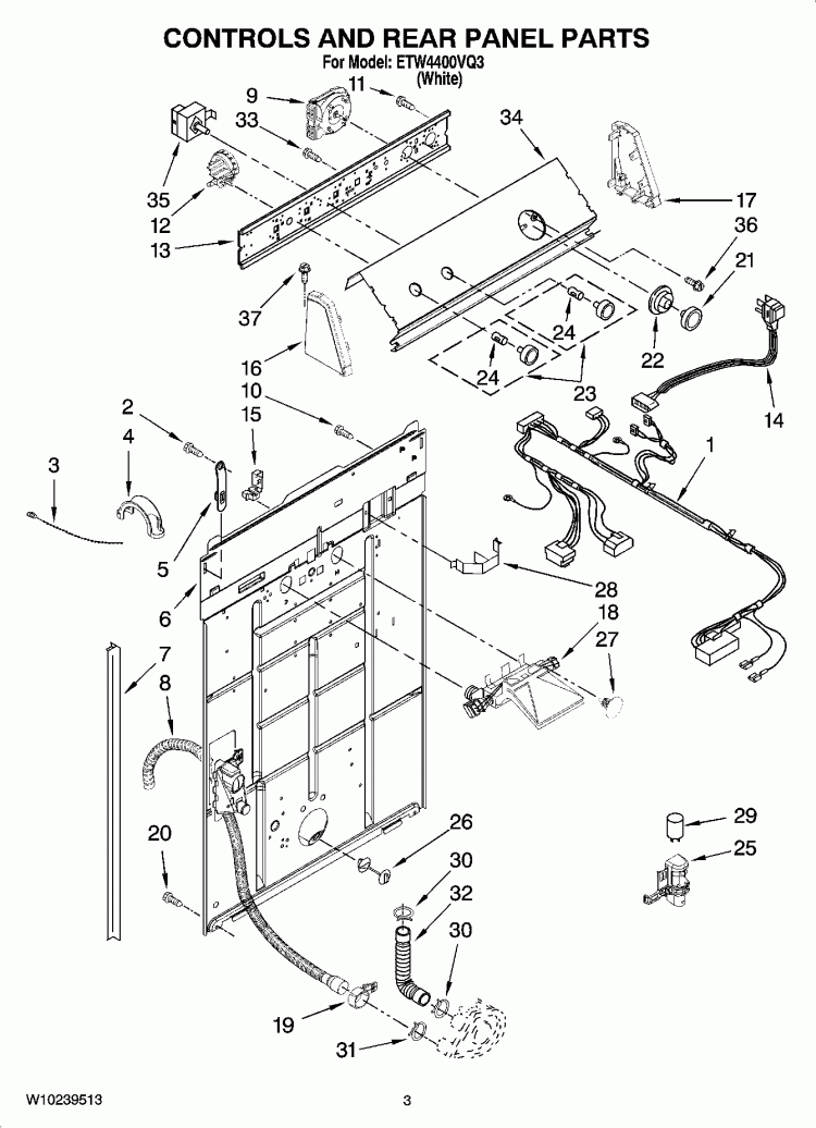CONTROLS AND REAR PANEL PARTS Diagram and Parts List for ETW4400VQ3  Estate Washer