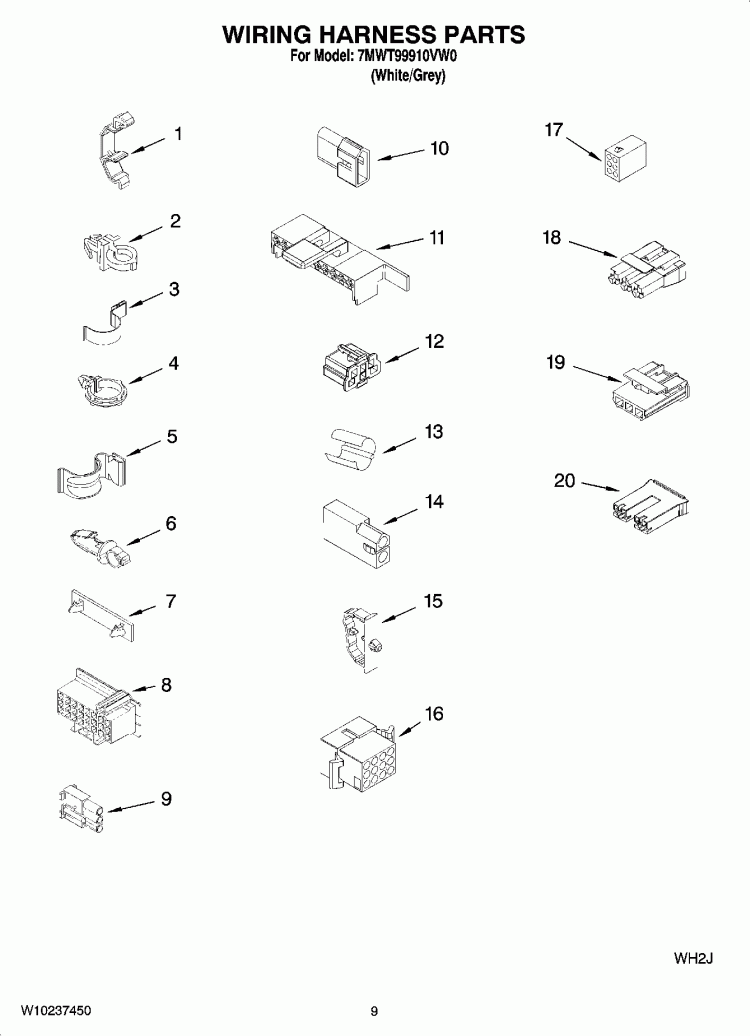 WIRING HARNESS PARTS Diagram and Parts List for 7MWT99910VW0  Whirlpool Washer
