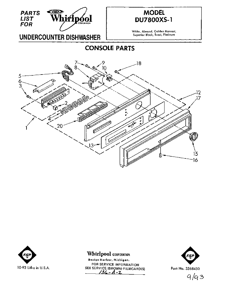 CONSOLE Diagram and Parts List for DU7800XS1  Whirlpool Dishwasher
