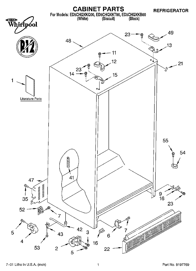 CABINET, LITERATURE Diagram and Parts List for ED5CHQXKB00  Whirlpool Refrigerator