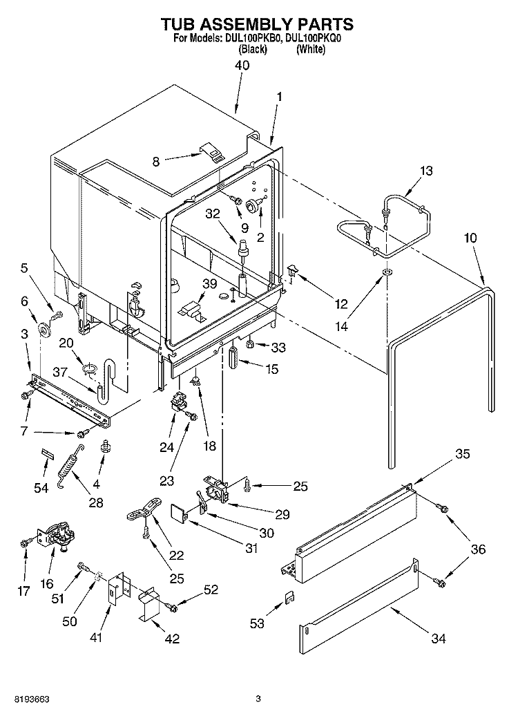 TUB ASSEMBLY Diagram and Parts List for DUL100PKQ0  Whirlpool Dishwasher