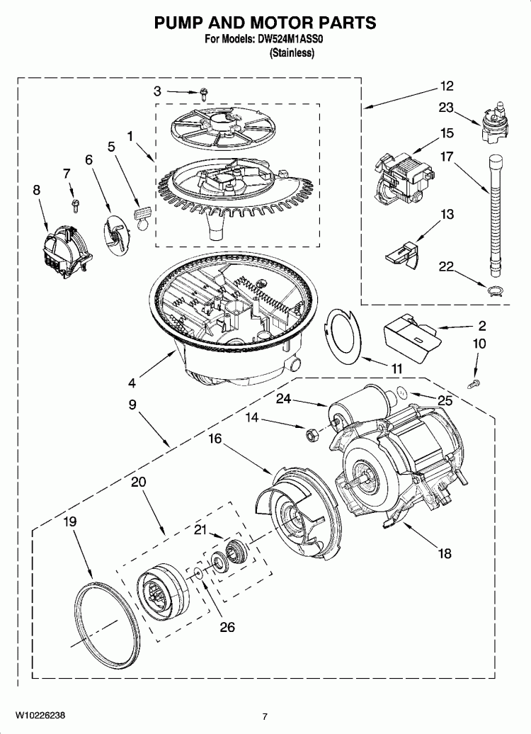 PUMP AND MOTOR PARTS Diagram and Parts List for DW524M1ASS0  Whirlpool Dishwasher