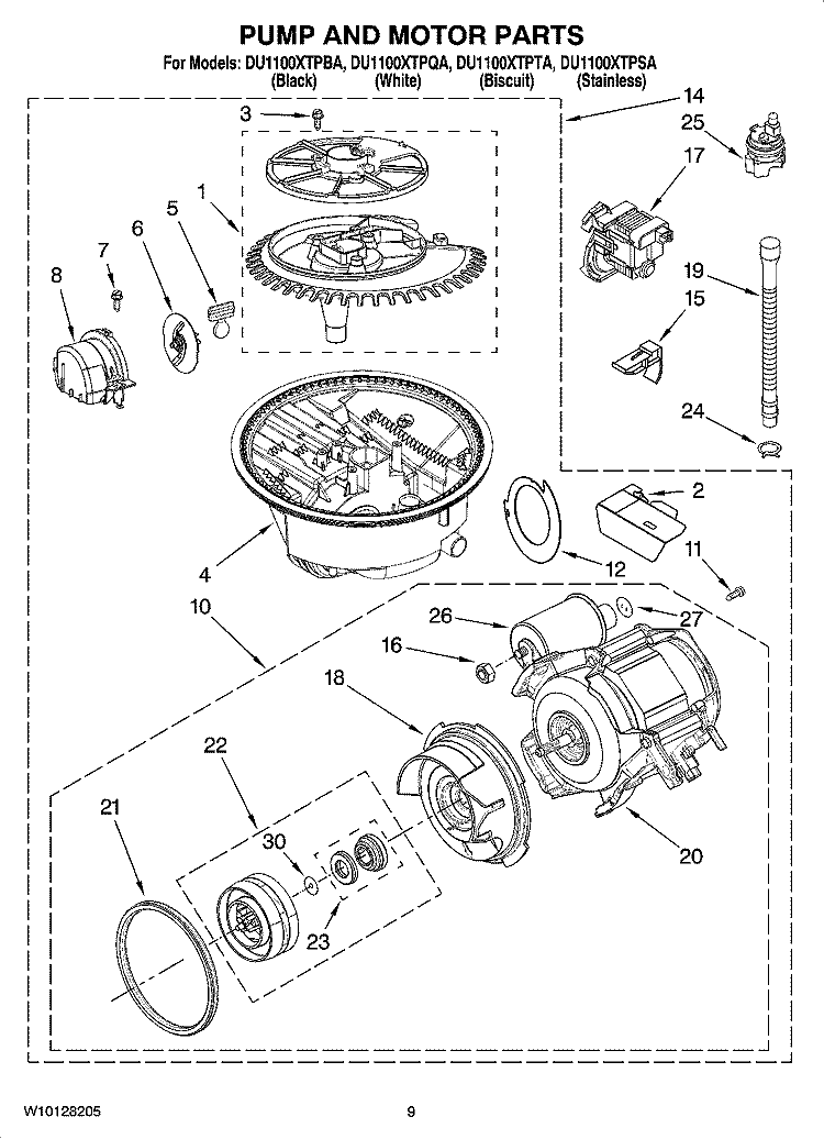 PUMP AND MOTOR PARTS Diagram and Parts List for DU1100XTPBA  Whirlpool Dishwasher