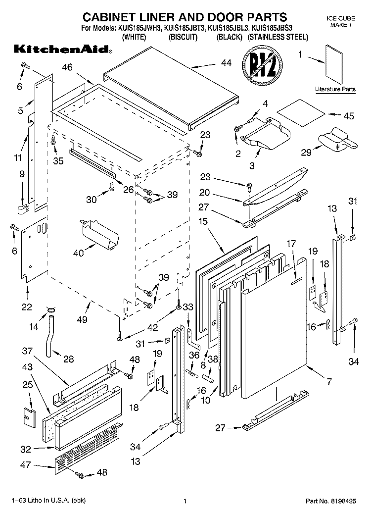 CABINET LINER AND DOOR PARTS Diagram and Parts List for KUIS185JWH3  KitchenAid Ice Maker