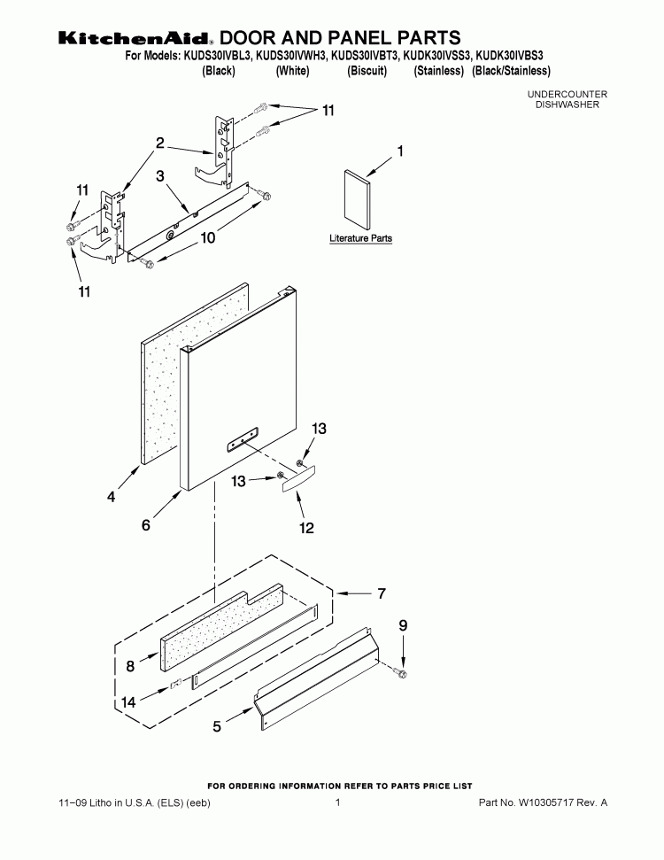 DOOR AND PANEL PARTS Diagram and Parts List for KUDK30IVSS3  Whirlpool Dishwasher