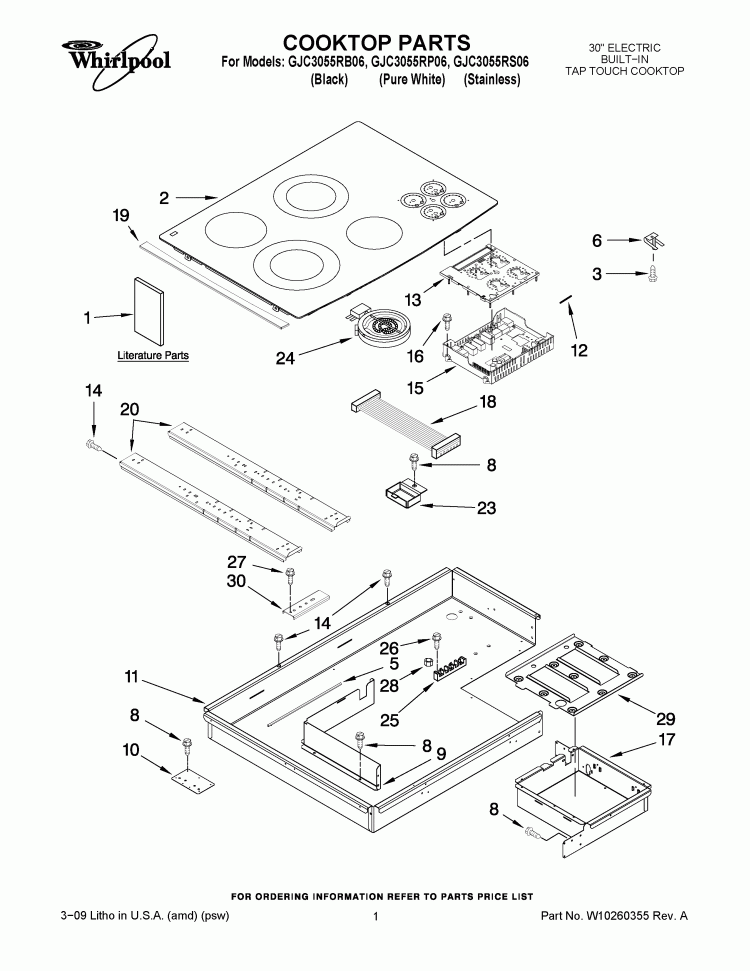 COOKTOP PARTS Diagram and Parts List for GJC3055RB06  Whirlpool Cooktop