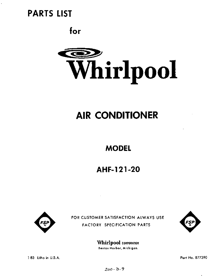 SECTION Diagram and Parts List for AHF12120  Whirlpool Air Conditioner