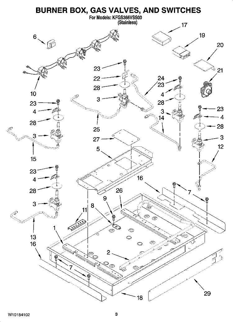 BURNER BOX, GAS VALVES, AND SWITCHES Diagram and Parts List for KFGS366VSS00  KitchenAid Cooktop