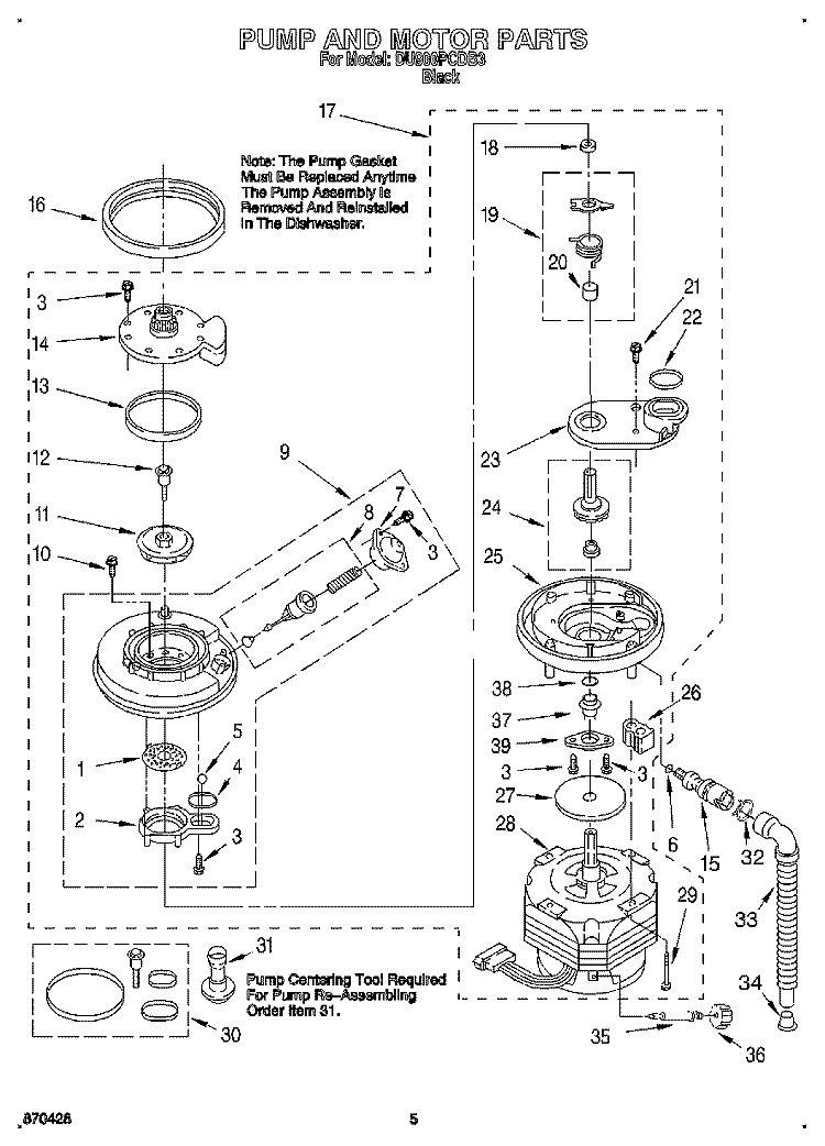 PUMP AND MOTOR Diagram and Parts List for DU900PCDB3  Whirlpool Dishwasher